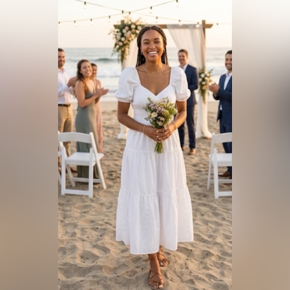 White Puff-Sleeve Maxi Dress with Sweetheart Neckline
